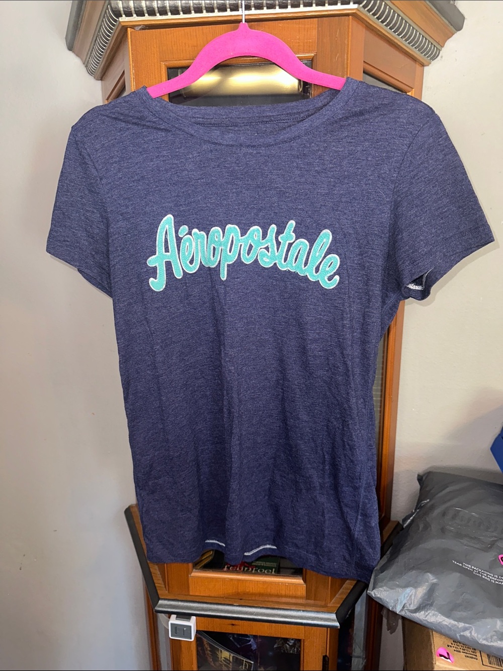 Aeropostale Navy Blue Tee with Aqua Script Logo